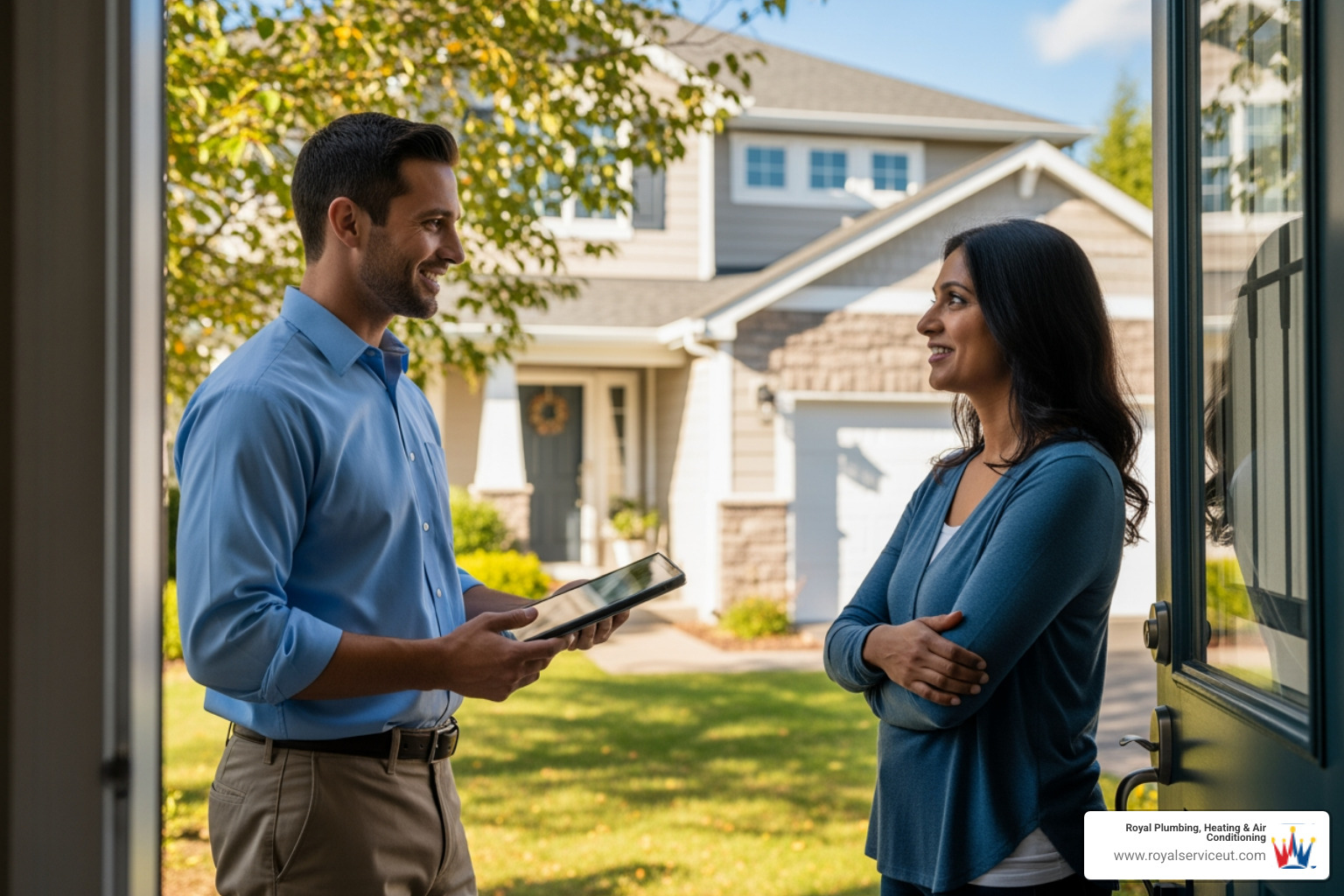 A friendly technician speaking with a homeowner at their front door, building trust and rapport. - 24/7 heating repair in centerville, ut A friendly technician speaking with a homeowner at their front door, building trust and rapport. - 24/7 heating repair in centerville, ut