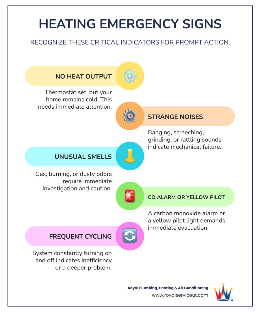 Infographic showing common heating emergency signs: no heat output, strange banging or screeching noises, unusual gas or burning smells, carbon monoxide detector alarm, yellow pilot light instead of blue, and frequent on-off cycling. Bottom section shows immediate actions: evacuate if gas smell or CO alarm, call professionals immediately, and keep emergency contact numbers accessible. - 24/7 heating repair in clearfield, ut infographic infographic-line-5-steps-colors