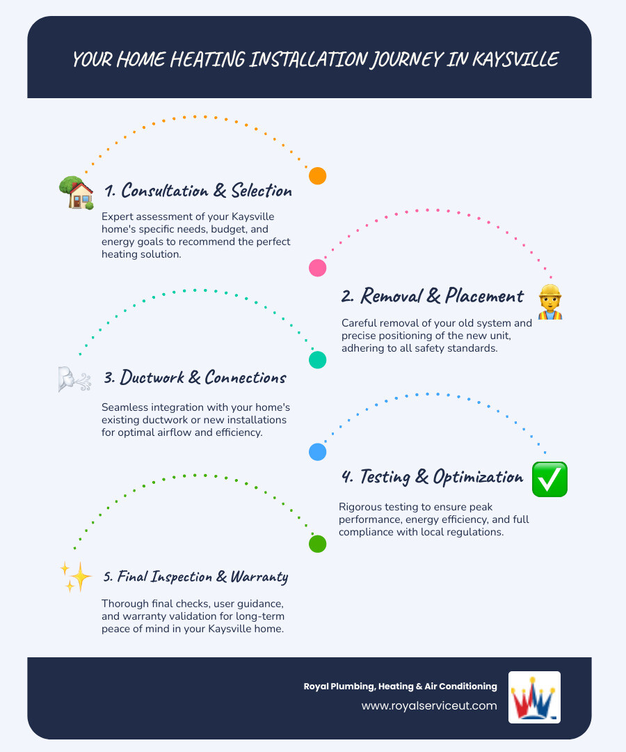 infographic showing the complete heating installation process in Kaysville UT from initial consultation and system selection through old system removal installation ductwork connection testing and final inspection with timeline estimates for each step plus key considerations like proper sizing safety compliance energy efficiency ratings and warranty validation - heating installation in kaysville, ut infographic infographic-line-5-steps-blues-accent_colors infographic showing the complete heating installation process in Kaysville UT from initial consultation and system selection through old system removal installation ductwork connection testing and final inspection with timeline estimates for each step plus key considerations like proper sizing safety compliance energy efficiency ratings and warranty validation - heating installation in kaysville, ut infographic infographic-line-5-steps-blues-accent_colors