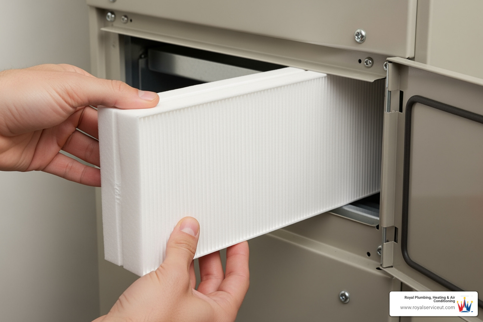 Clean new air filter being inserted into a furnace - emergency heating repair in clinton, ut