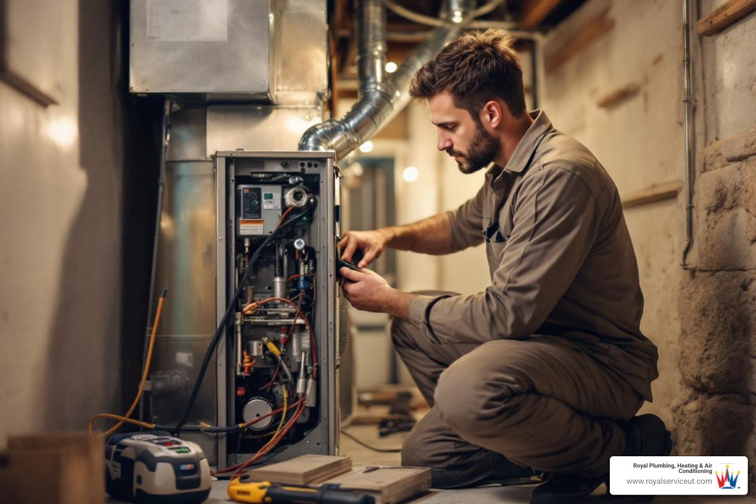 A technician performing a furnace tune-up in a residential basement - 24 hour heating service in salt lake city, ut