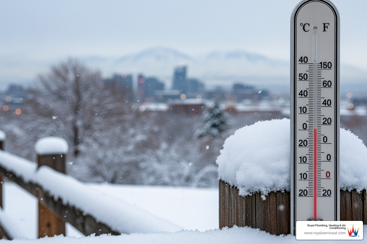 A thermometer showing a freezing outdoor temperature in a snowy Salt Lake City landscape - 24 hour heating service in salt lake city, ut