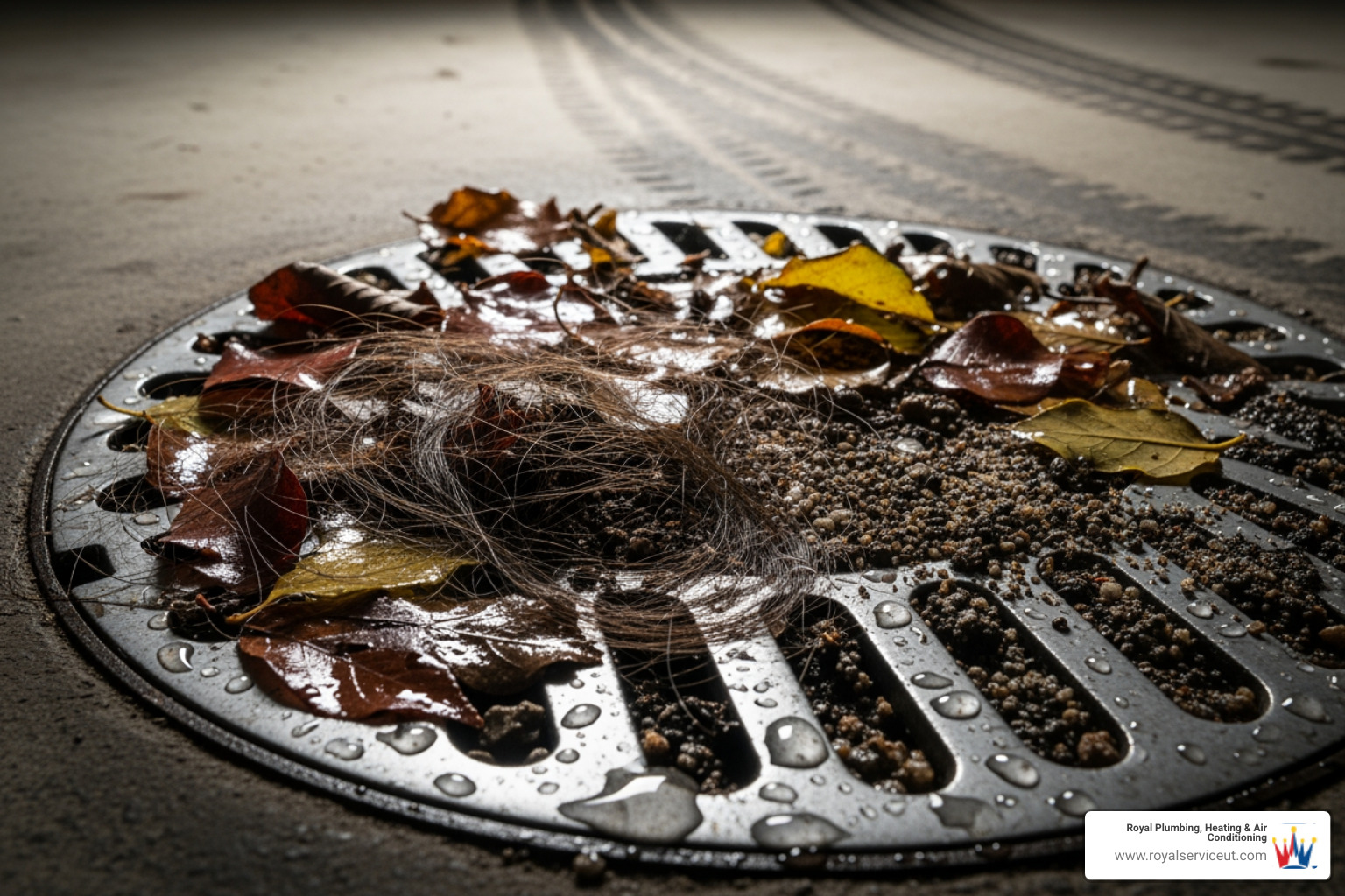 Common debris like leaves, dirt, and hair near a drain grate - unclog floor drain