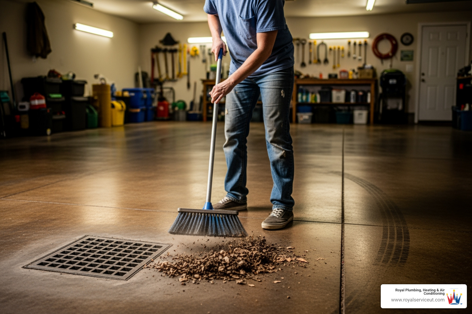 A homeowner sweeping dirt and debris away from a garage floor drain - unclog floor drain