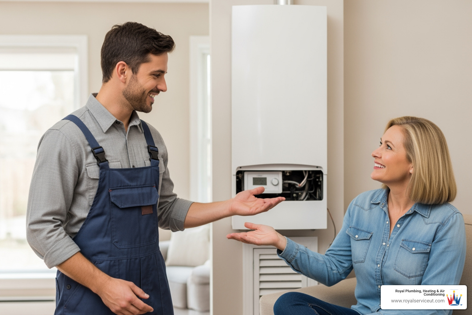 A friendly technician talking with a relieved homeowner, symbolizing peace of mind after heating repair - 24/7 heating repair in washington terrace, ut