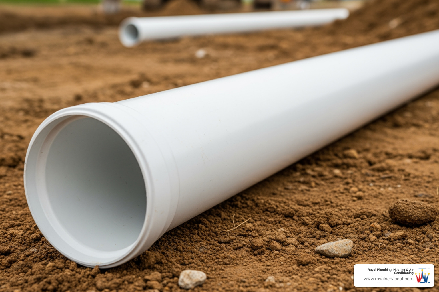 A clean, new white PVC sewer pipe lying on the ground, ready for installation. - orangeburg pipe replacement