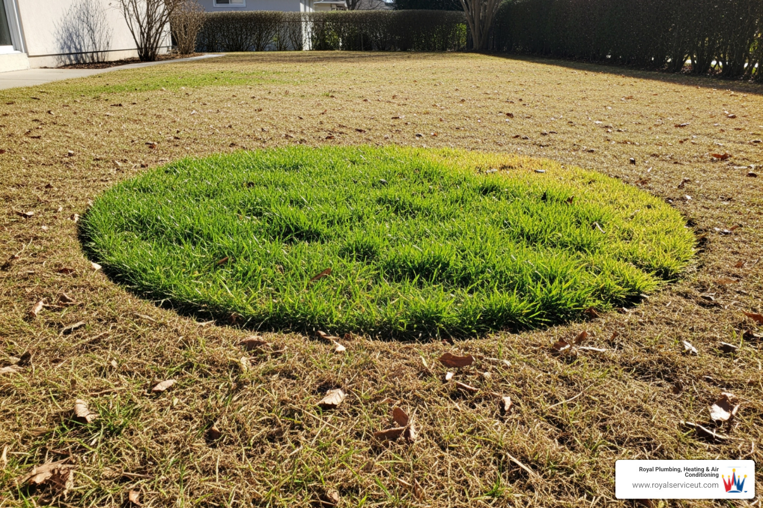 A lush green patch of grass in an otherwise dry lawn, indicating a leak in an underground sewer line. - orangeburg pipe replacement