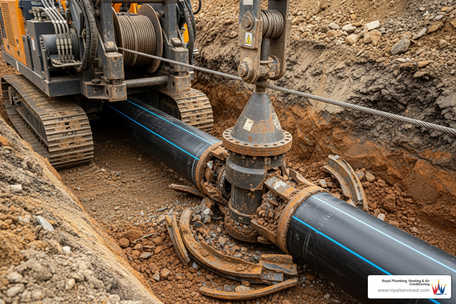 A trenchless pipe bursting machine pulling a new pipe through an old one underground. - orangeburg pipe replacement