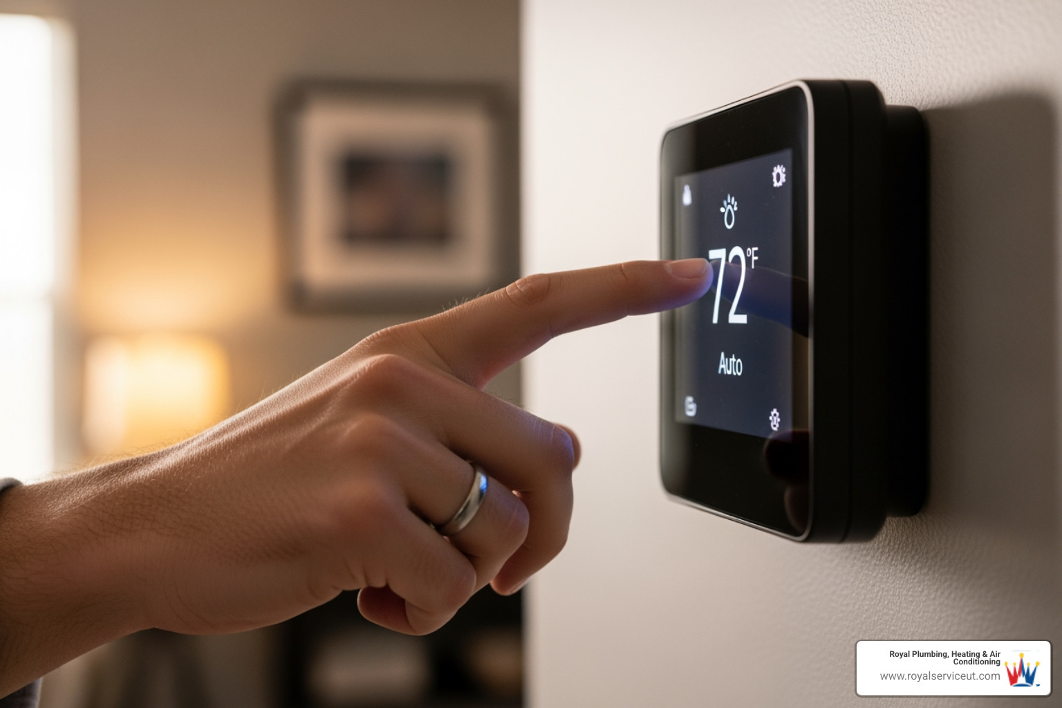 homeowner adjusting smart thermostat - premium heating installation in farmington, ut