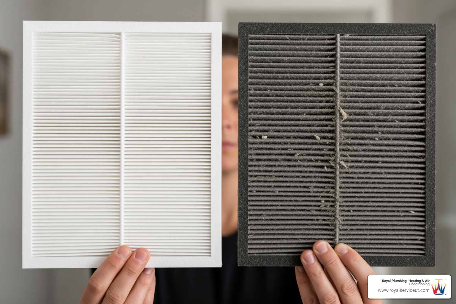 of a person holding up a clean filter next to a dirty one - heating blowing cold air in clinton, ut