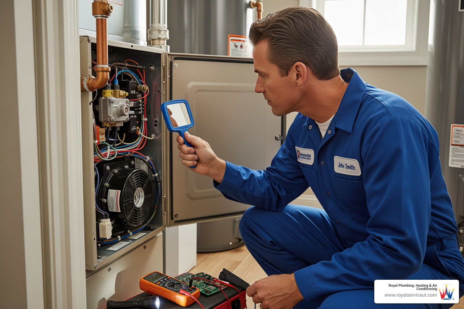 of an HVAC technician inspecting the internal components of a furnace - heating blowing cold air in clinton, ut