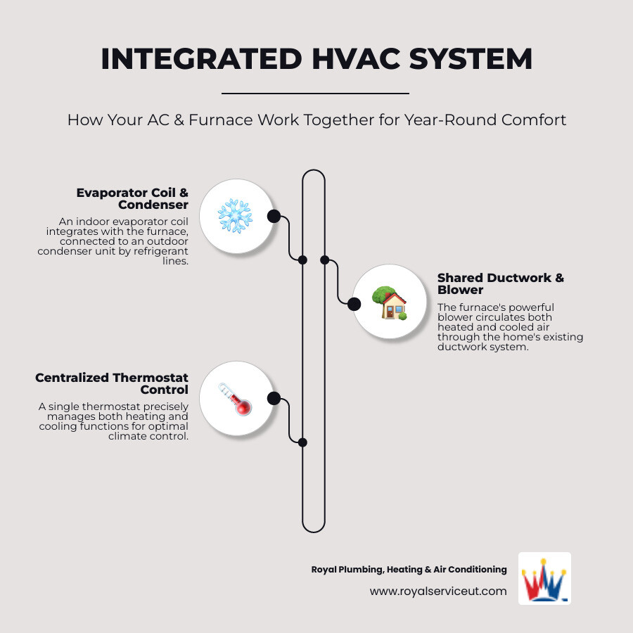 infographic showing how a furnace and AC share ductwork, blower, and thermostat to provide year-round heating and cooling with labeled components including outdoor condenser, indoor evaporator coil, furnace, ductwork system, and thermostat control - add ac to existing furnace infographic infographic-line-3-steps-elegant_beige