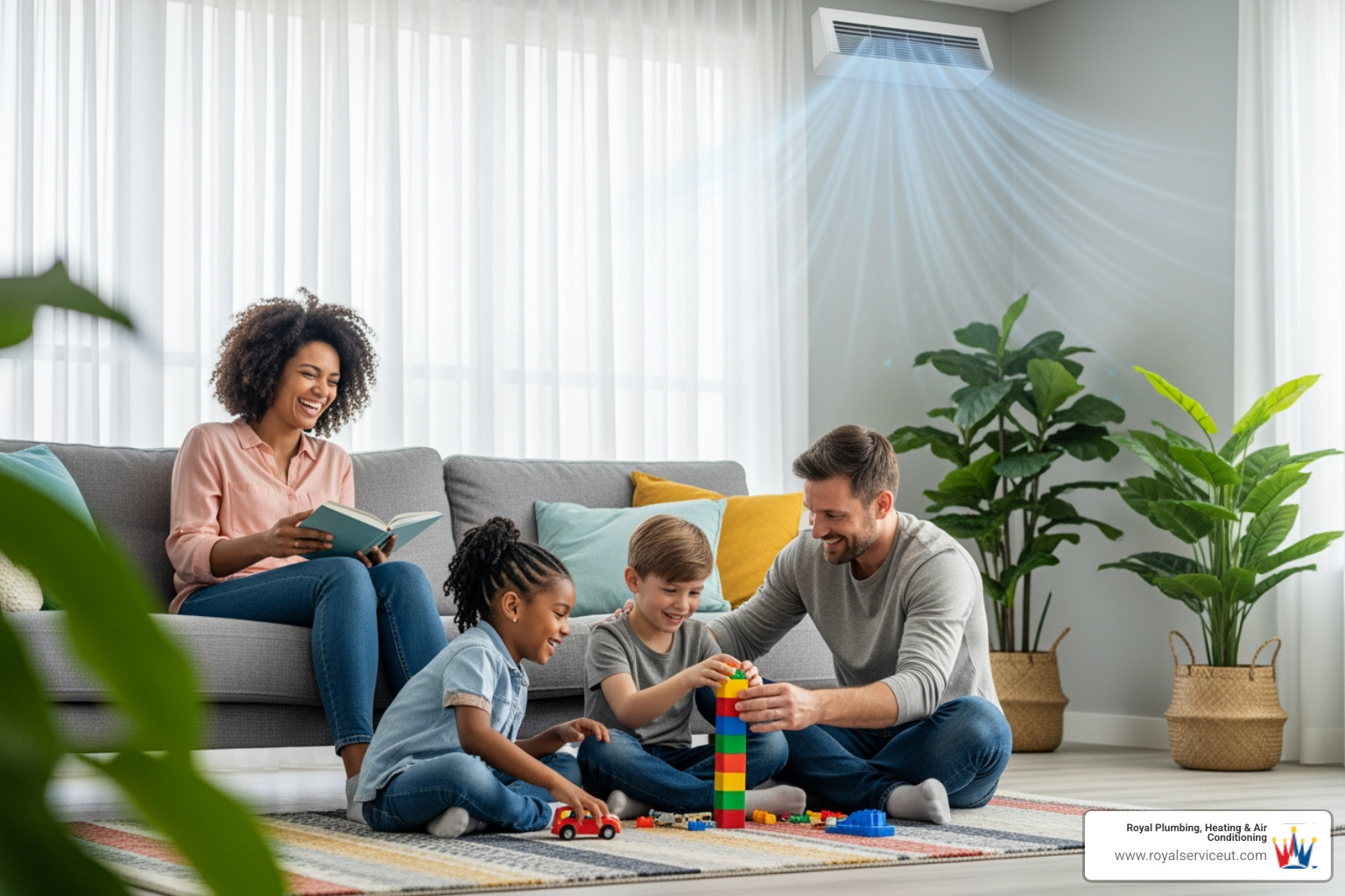 Happy family enjoying cool air in their home - add ac to existing furnace