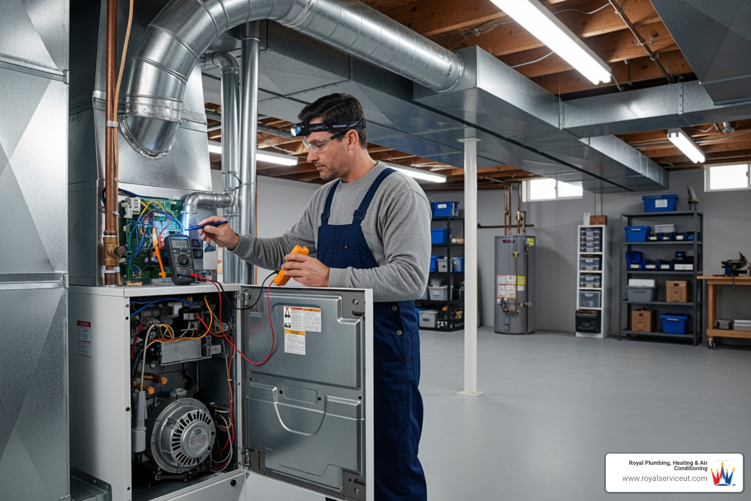 HVAC technician inspecting a furnace and ductwork in a basement - add ac to existing furnace
