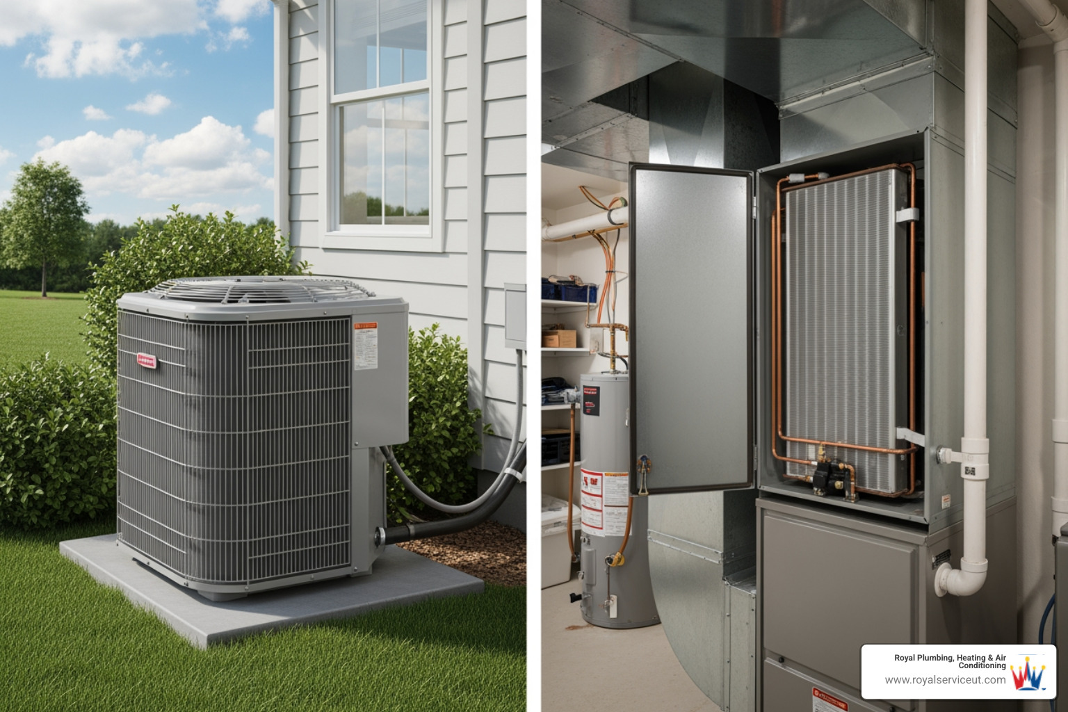 Main AC components: outdoor condenser unit and indoor evaporator coil - add ac to existing furnace