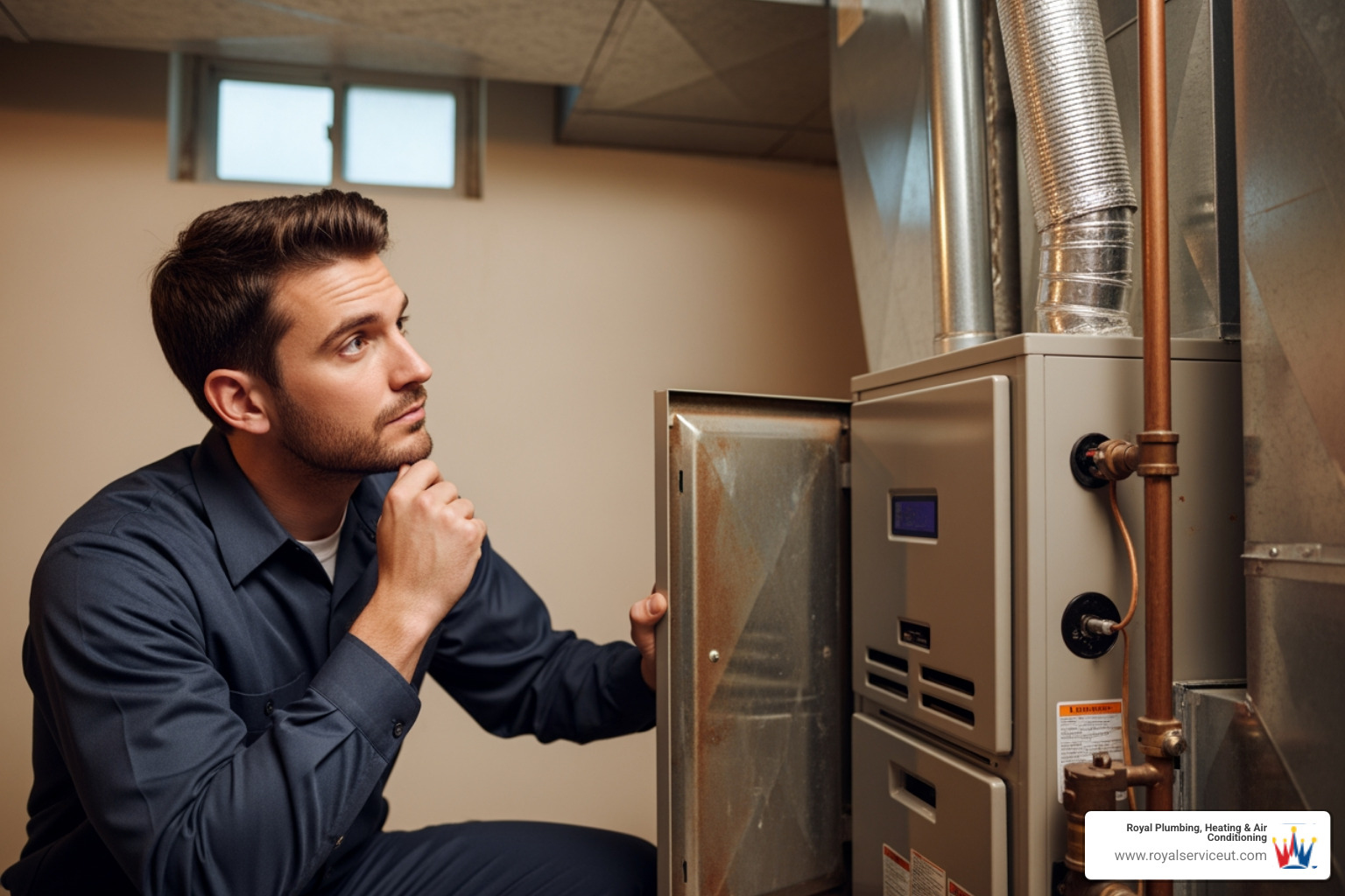 A technician in uniform assesses an old furnace, indicating a decision point for repair or replacement - heating service in centerville, ut