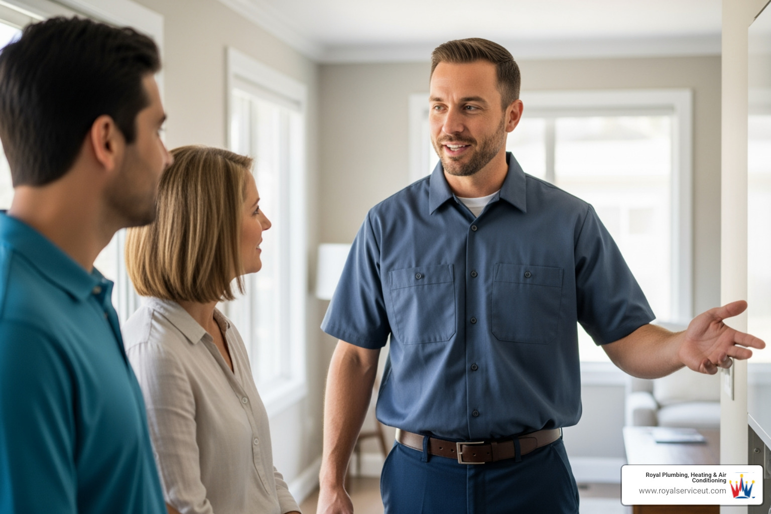 A homeowner and a technician discussing a new heating system - heating service in holladay, ut A homeowner and a technician discussing a new heating system - heating service in holladay, ut
