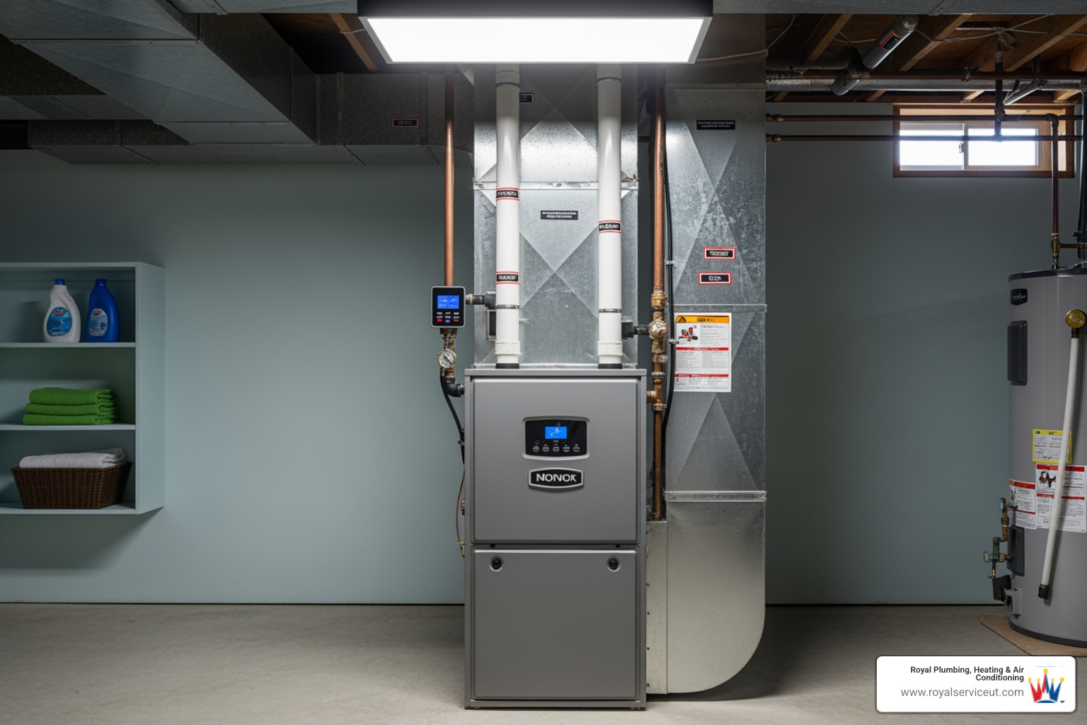 A modern, high-efficiency furnace unit in a clean basement - heating service in holladay, ut A modern, high-efficiency furnace unit in a clean basement - heating service in holladay, ut