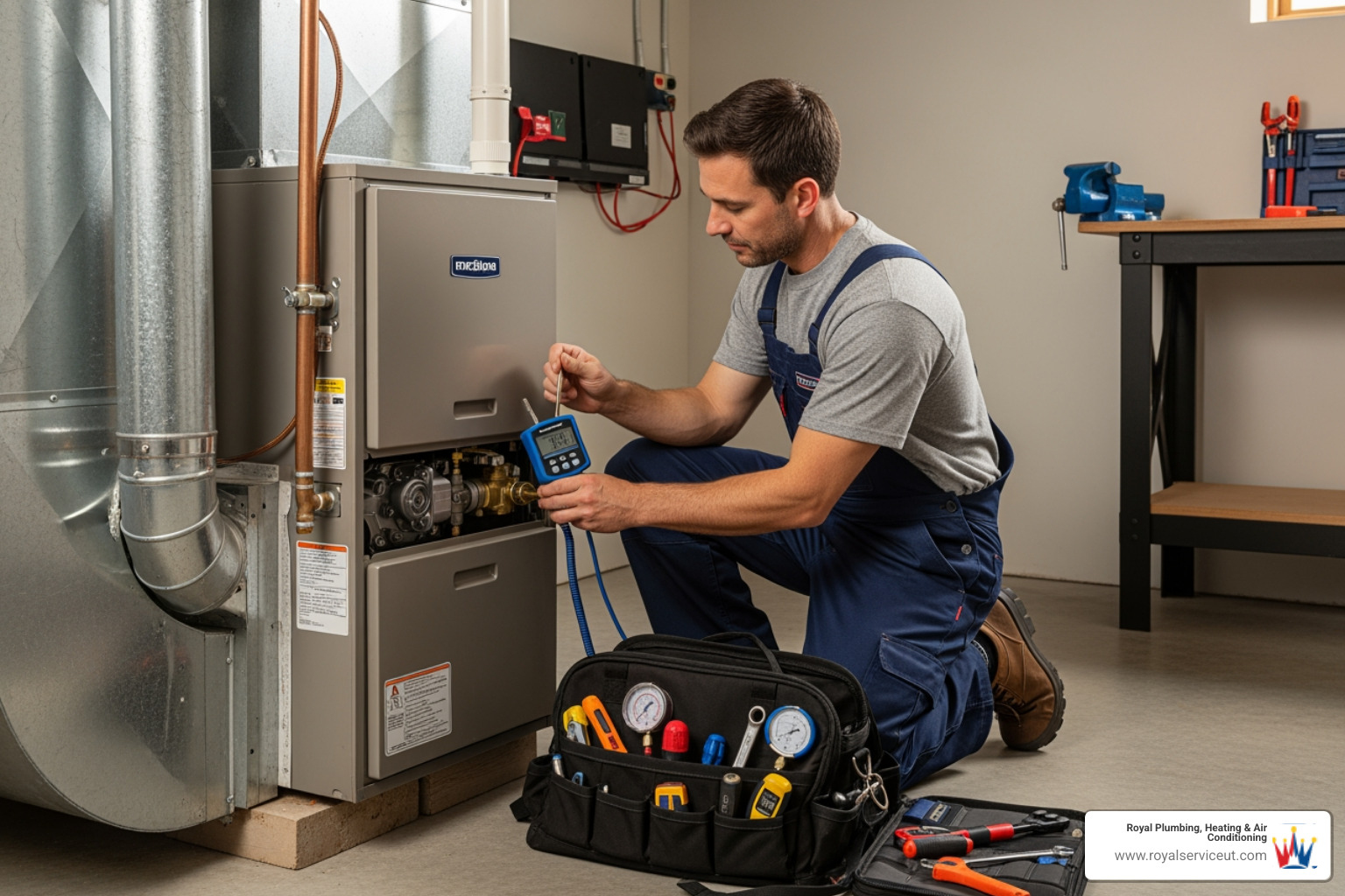 A technician performing a heating system tune-up - heating service in holladay, ut A technician performing a heating system tune-up - heating service in holladay, ut