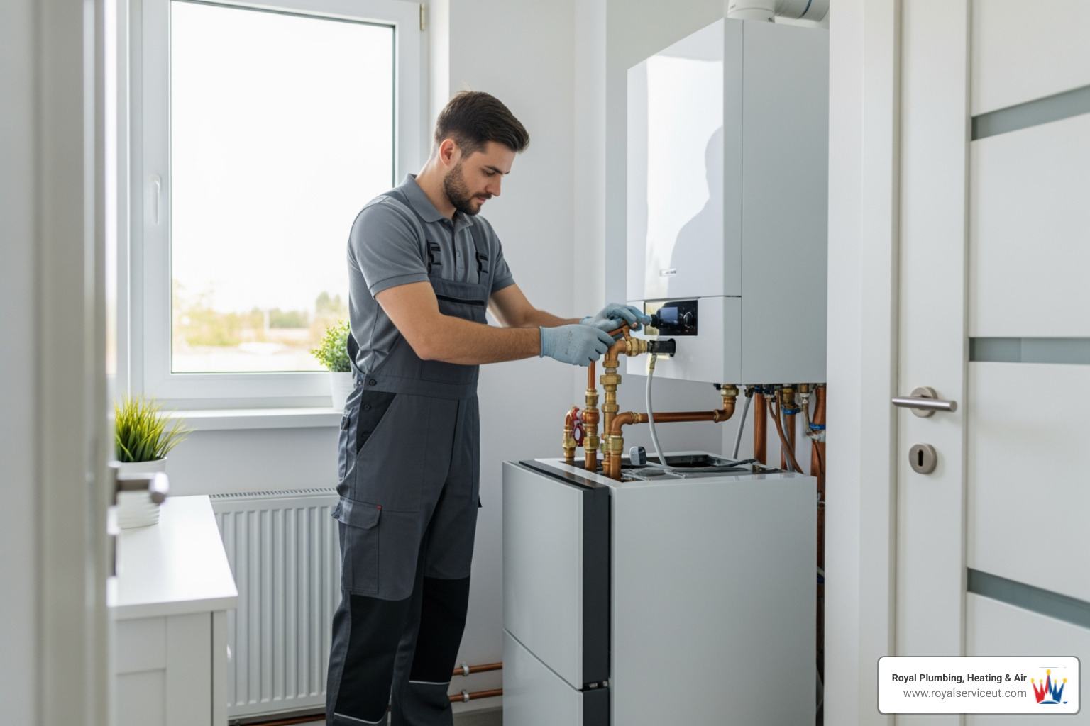 Infographic showing the boiler installation process: 1) Initial home assessment and sizing calculation, 2) Selection of appropriate boiler type (gas, combi, or electric), 3) Safe removal of old heating system, 4) Professional installation by certified technicians, 5) System testing and calibration, 6) Homeowner walkthrough and maintenance guidance. Also displays key benefits: 95% fuel efficiency, 15-30 year lifespan, radiant heat distribution, and quiet operation - boiler installation in ogden, ut Infographic showing the boiler installation process: 1) Initial home assessment and sizing calculation, 2) Selection of appropriate boiler type (gas, combi, or electric), 3) Safe removal of old heating system, 4) Professional installation by certified technicians, 5) System testing and calibration, 6) Homeowner walkthrough and maintenance guidance. Also displays key benefits: 95% fuel efficiency, 15-30 year lifespan, radiant heat distribution, and quiet operation - boiler installation in ogden, ut