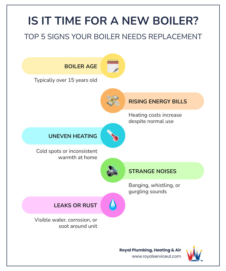 Infographic showing the top 5 signs your boiler needs replacement: 1) Boiler is over 15 years old, 2) Rising energy bills despite normal usage, 3) Uneven heating or cold spots in your home, 4) Strange noises like banging or whistling, 5) Visible rust, leaks, or soot around the unit - boiler installation best in layton, ut infographic infographic-line-5-steps-colors