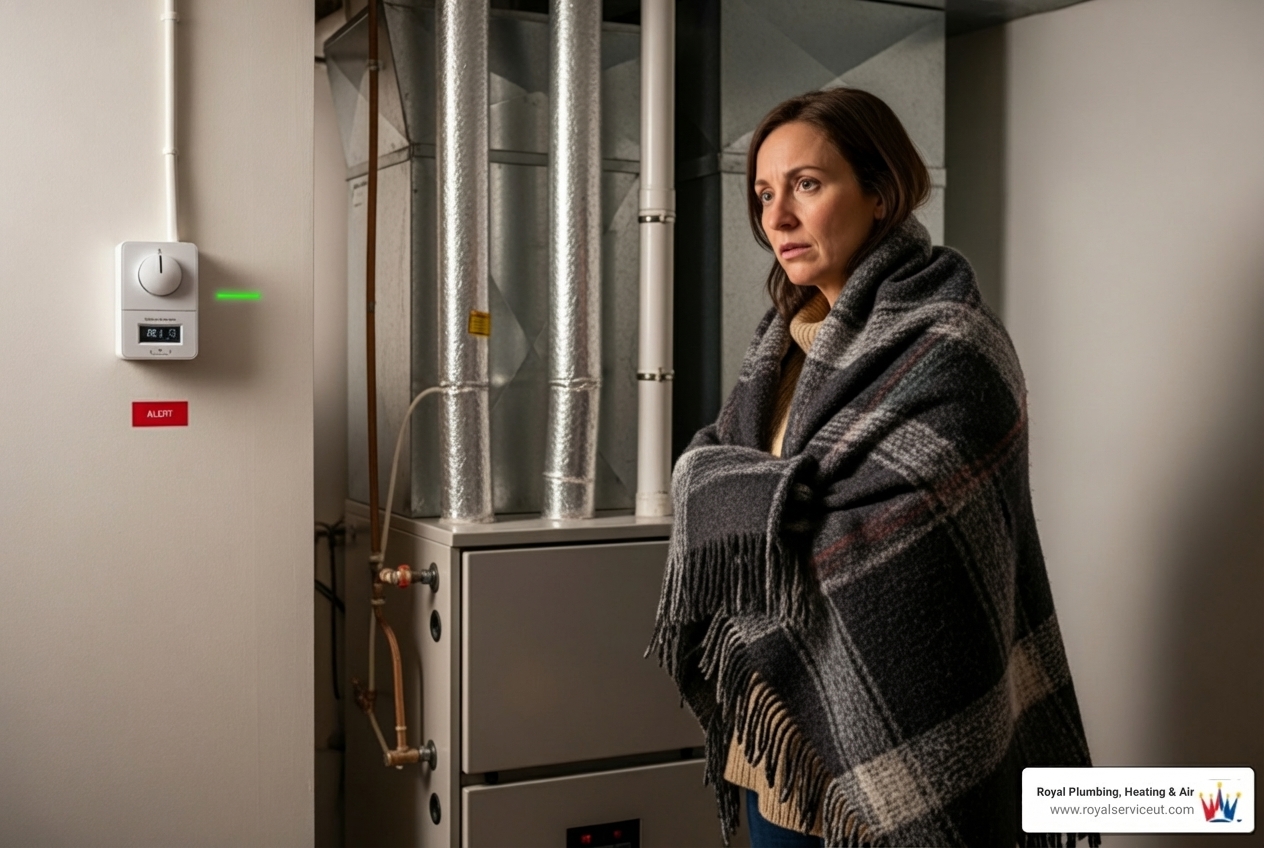 Infographic showing the 5 critical signs of a heating emergency: complete loss of heat when temperatures are below freezing, smell of gas or rotten eggs near the furnace, carbon monoxide detector sounding an alarm, yellow or flickering pilot light instead of steady blue flame, and repeated short-cycling with the furnace turning on and off every few minutes - heating repair emergency in layton, ut