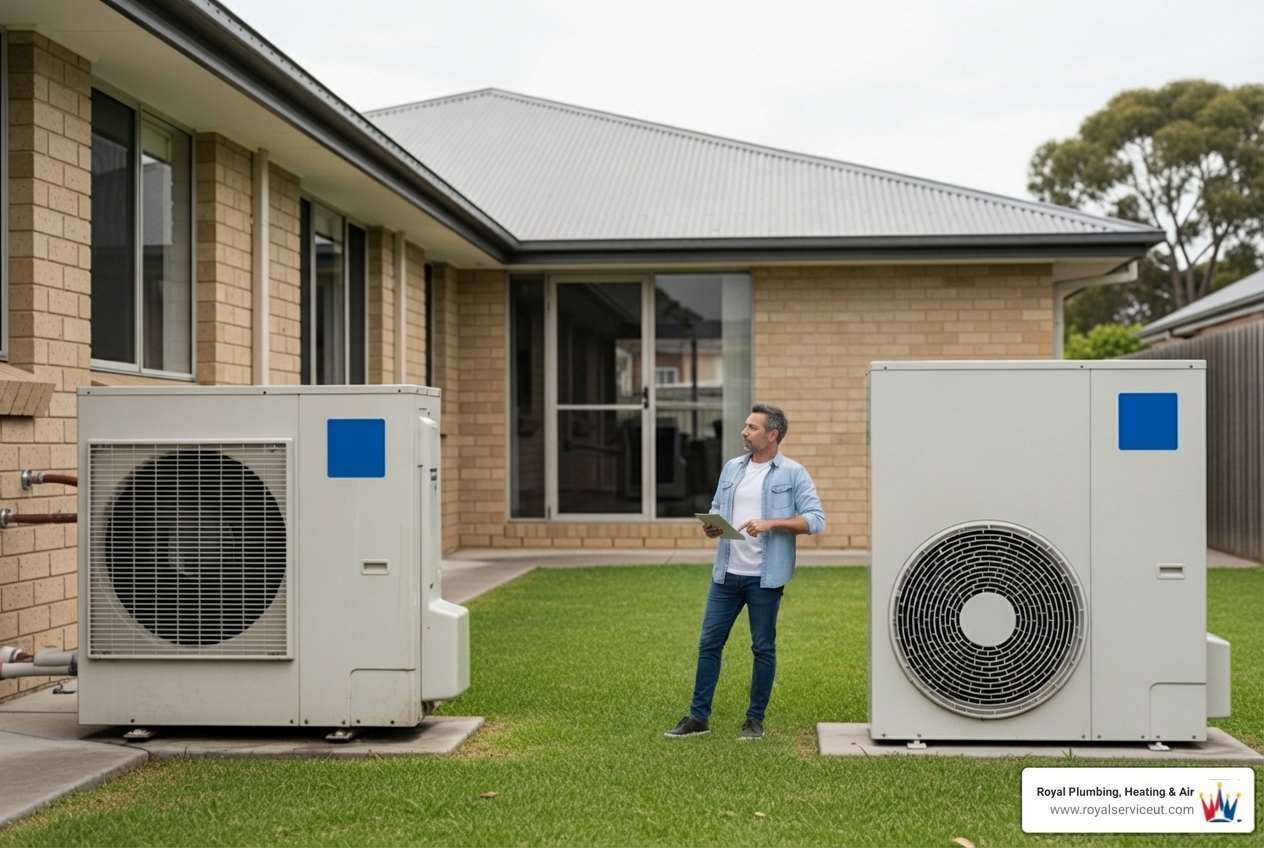 Infographic showing the heat pump replacement decision process: starting with recognizing warning signs like age over 10-15 years, rising bills, and inconsistent temperatures, then evaluating replacement options including air-source, cold-climate, and ductless systems, followed by professional installation steps, and ending with ongoing maintenance for long-term efficiency - heat pump replacement best in roy, ut