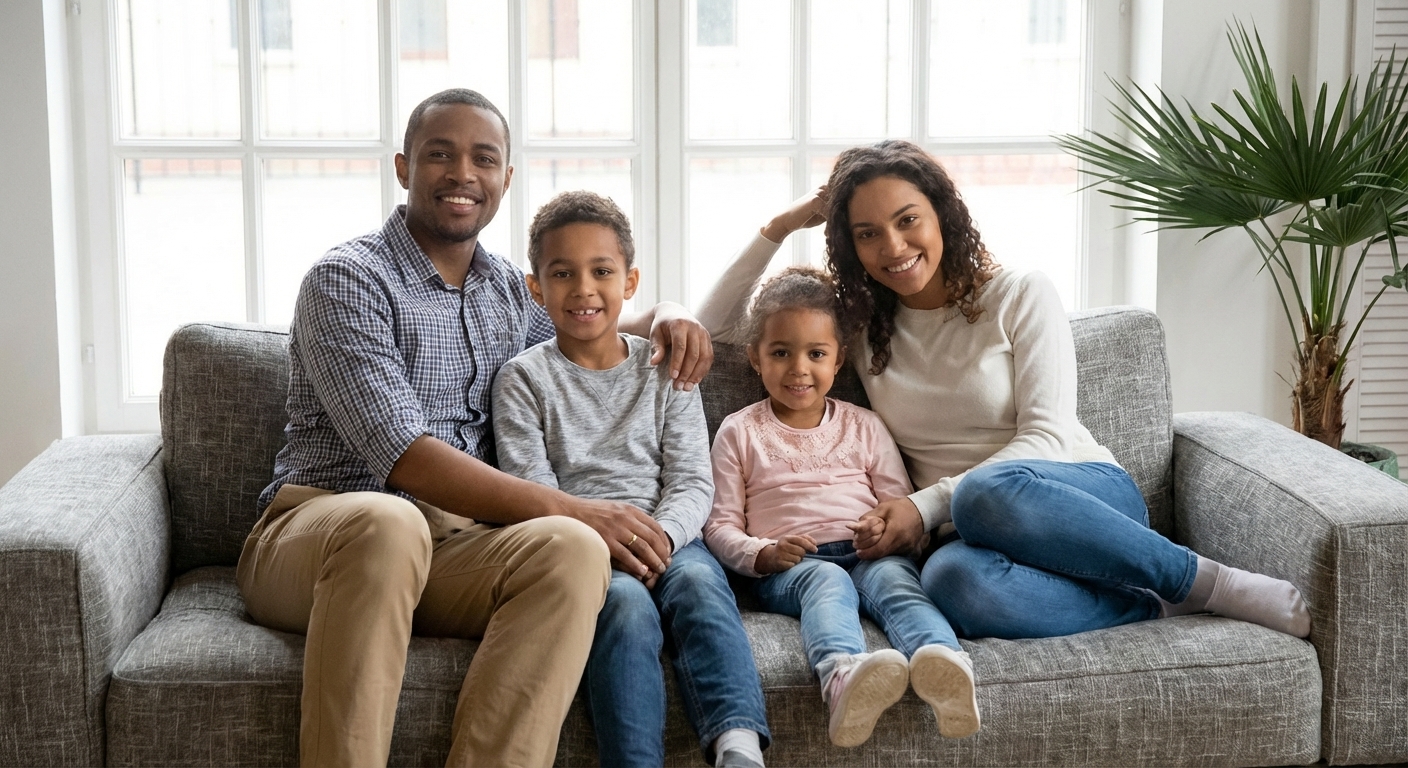 A happy family enjoying a comfortable temperature in their modern home in Roy, UT - heat pump replacement company in roy, ut A happy family enjoying a comfortable temperature in their modern home in Roy, UT - heat pump replacement company in roy, ut