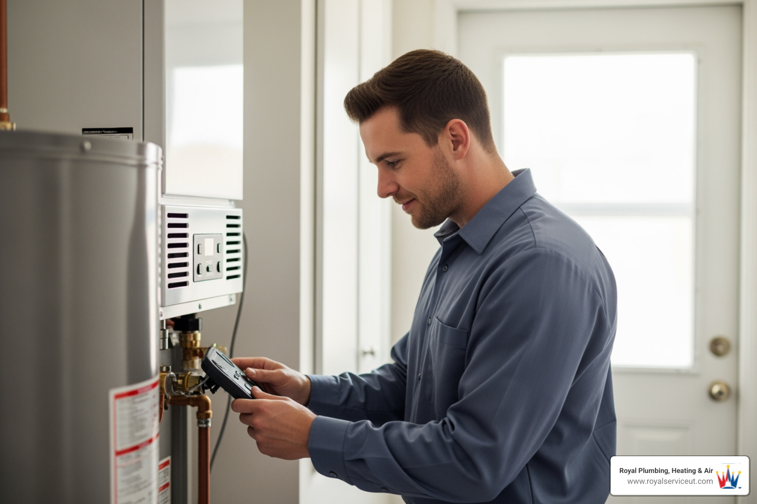 Infographic showing 5 key warning signs your water heater needs professional attention: 1) No hot water or inconsistent temperature with thermometer icon, 2) Strange noises like rumbling or popping with sound wave icon, 3) Visible leaks or pooling water with water droplet icon, 4) Rusty or discolored water with discolored faucet icon, 5) Rising utility bills or reduced efficiency with dollar sign icon - water heater repair affordable in ogden, ut