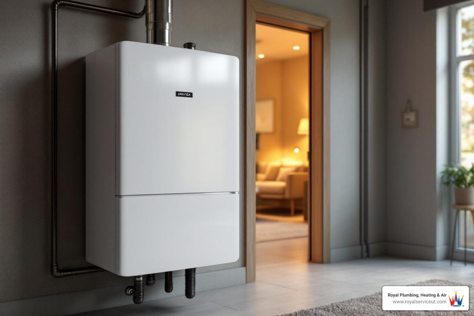 Infographic showing the benefits of modern high-efficiency boilers including improved energy efficiency with AFUE ratings of 90% or higher, lower monthly utility bills through reduced fuel consumption, consistent radiant heat without cold spots or dry air, reduced airborne allergens compared to forced-air systems, 15-year average lifespan with proper maintenance, and potential local utility rebates for energy-efficient upgrades in Layton, UT - boiler installation affordable in layton, ut