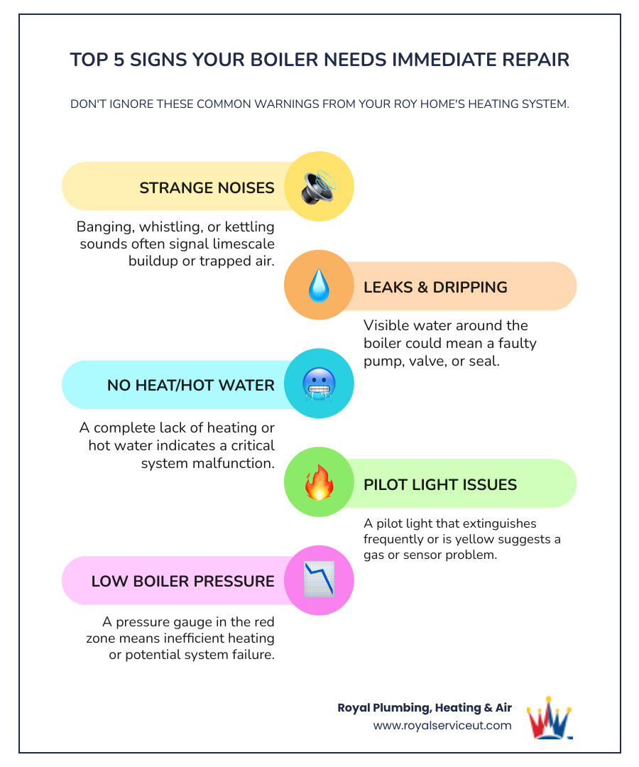 Infographic showing the top 5 signs your boiler needs immediate repair: 1) Strange noises like banging or whistling, 2) Visible leaks or dripping water, 3) No heat or hot water production, 4) Pilot light won't stay lit, 5) Low boiler pressure reading - boiler repair local in roy, ut infographic infographic-line-5-steps-colors Infographic showing the top 5 signs your boiler needs immediate repair: 1) Strange noises like banging or whistling, 2) Visible leaks or dripping water, 3) No heat or hot water production, 4) Pilot light won't stay lit, 5) Low boiler pressure reading - boiler repair local in roy, ut infographic infographic-line-5-steps-colors