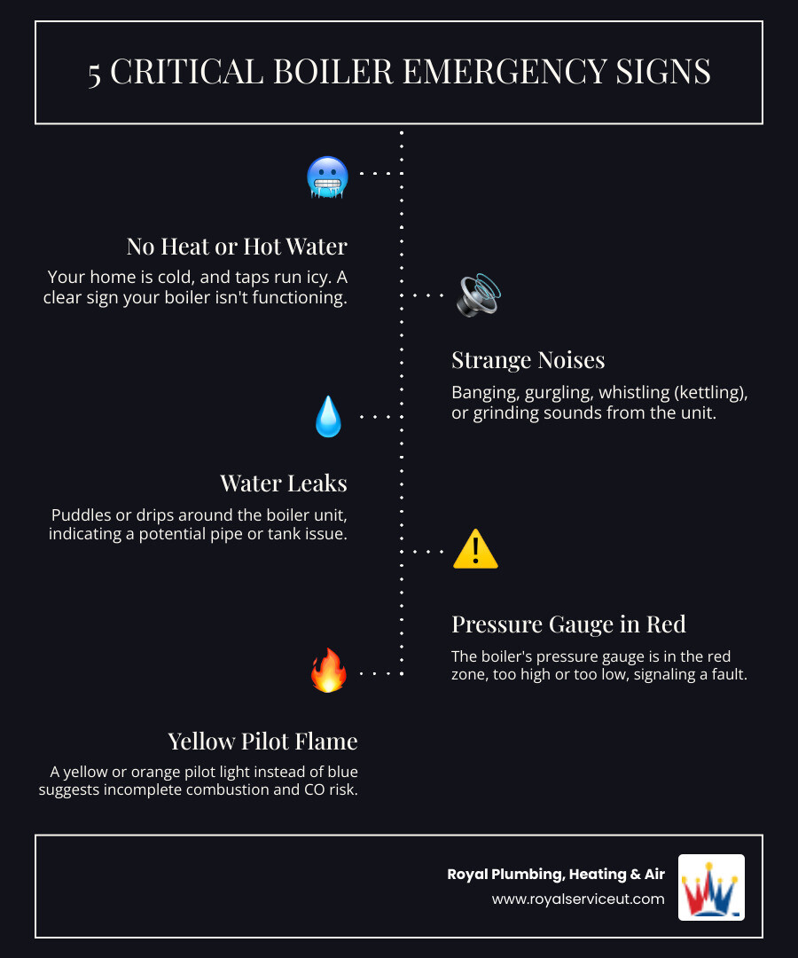 Infographic showing five critical signs of a boiler emergency: no heat or hot water, unusual noises like banging or kettling, visible water leaks around the unit, pressure gauge in the red zone, and yellow pilot light flame indicating incomplete combustion - boiler repair emergency in roy, ut infographic infographic-line-5-steps-dark Infographic showing five critical signs of a boiler emergency: no heat or hot water, unusual noises like banging or kettling, visible water leaks around the unit, pressure gauge in the red zone, and yellow pilot light flame indicating incomplete combustion - boiler repair emergency in roy, ut infographic infographic-line-5-steps-dark