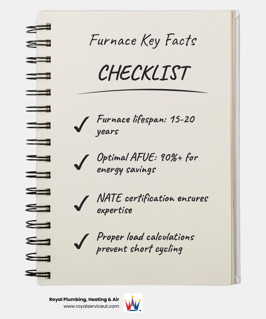 Infographic showing furnace lifespan of 15-20 years, benefits of 90%+ AFUE efficiency including lower energy bills and reduced environmental impact, and key contractor qualifications including NATE certification, EPA standards, and Rocky Mountain Gas Association membership - furnace installation best in roy, ut infographic checklist-notebook