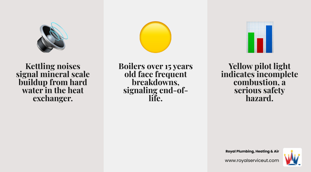 Infographic showing the top warning signs a Layton UT homeowner needs boiler repair, including a labeled diagram of a hydronic boiler system with callouts for: kettling noise from mineral scale buildup, yellow pilot light indicating combustion issues, high pressure gauge reading, cold radiators from trapped air, and a timeline showing boiler lifespan milestones from installation at year 0 to recommended replacement consideration at year 15+, with maintenance checkpoints at years 1, 5, and 10 - boiler repair in layton, ut infographic 3_facts_emoji_grey Infographic showing the top warning signs a Layton UT homeowner needs boiler repair, including a labeled diagram of a hydronic boiler system with callouts for: kettling noise from mineral scale buildup, yellow pilot light indicating combustion issues, high pressure gauge reading, cold radiators from trapped air, and a timeline showing boiler lifespan milestones from installation at year 0 to recommended replacement consideration at year 15+, with maintenance checkpoints at years 1, 5, and 10 - boiler repair in layton, ut infographic 3_facts_emoji_grey
