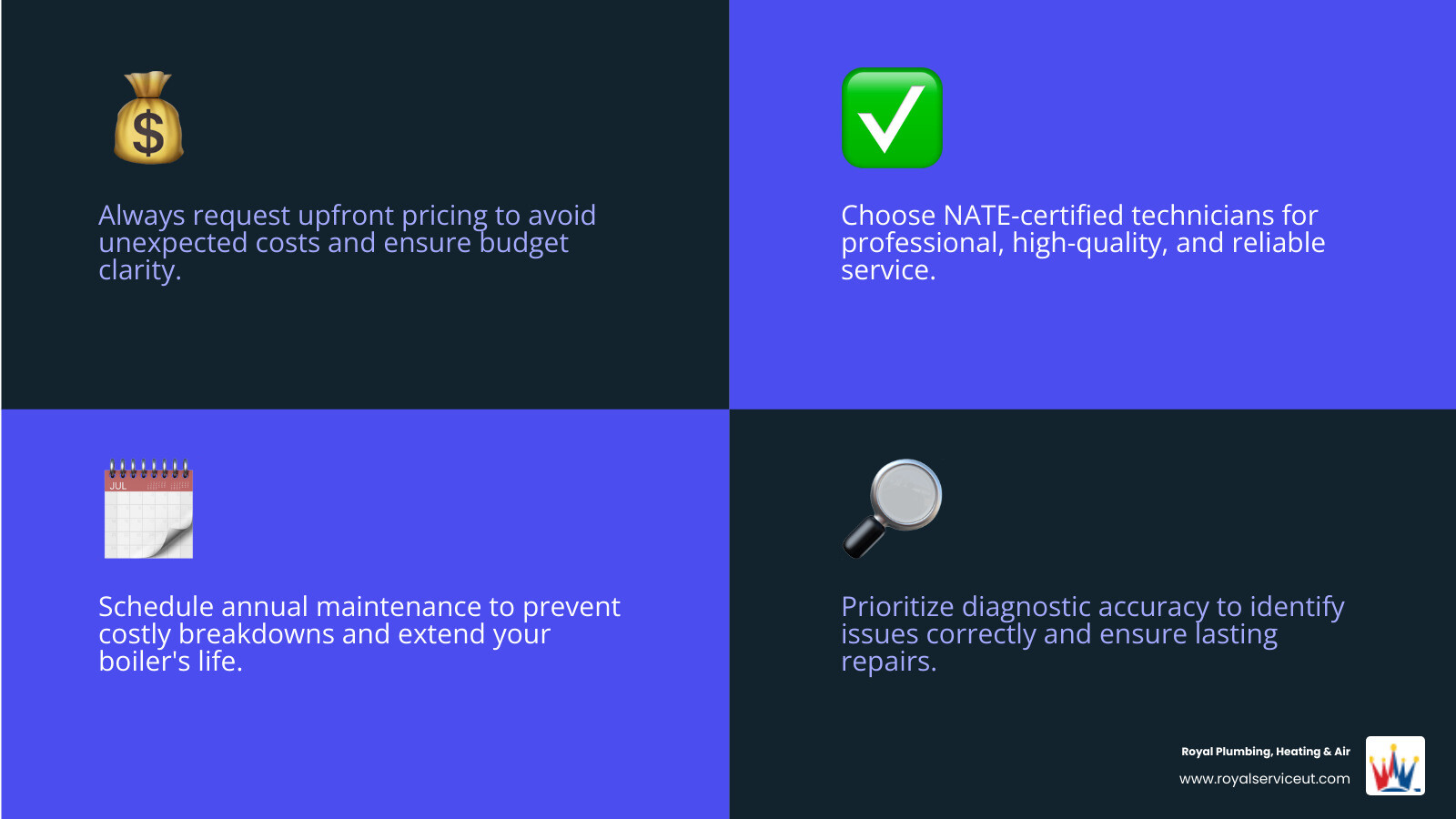 Infographic showing the key factors in affordable boiler repair: diagnostic accuracy for identifying issues early, upfront pricing with no hidden fees, NATE-certified technicians ensuring quality work, annual maintenance preventing costly breakdowns, and local expertise understanding Roy's water quality and climate conditions - boiler repair affordable in roy, ut infographic 4_facts_emoji_blue Infographic showing the key factors in affordable boiler repair: diagnostic accuracy for identifying issues early, upfront pricing with no hidden fees, NATE-certified technicians ensuring quality work, annual maintenance preventing costly breakdowns, and local expertise understanding Roy's water quality and climate conditions - boiler repair affordable in roy, ut infographic 4_facts_emoji_blue