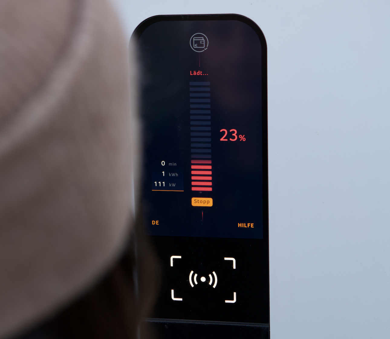 Close-up of an IONITY charging station with visible display
