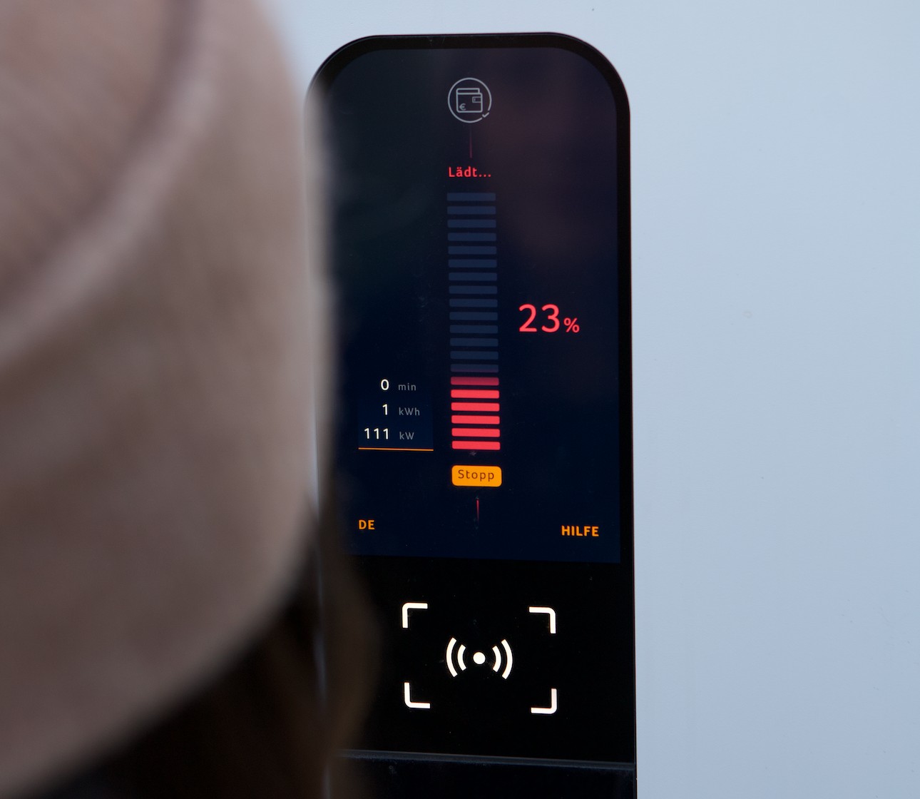 Close-up of an IONITY charging station with visible display