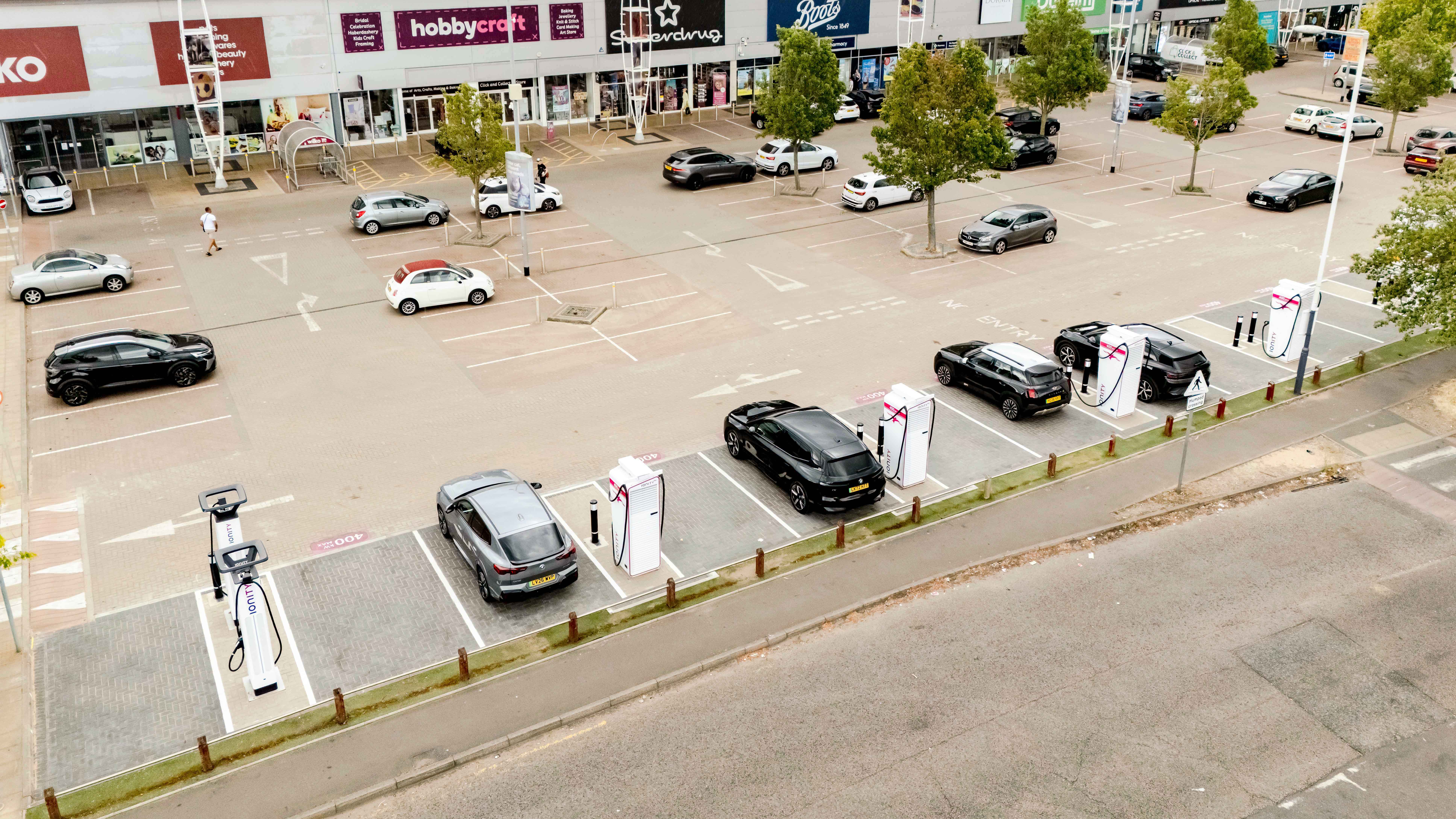 Aerial view from behind of IONITY's new ultra-fast charging site in Greenwich, London