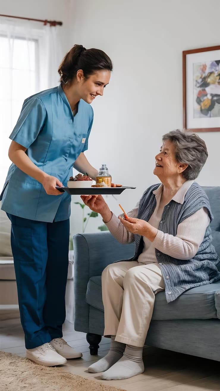 Dedicated caregiver serving a freshly prepared meal tray to an elderly woman resting on the couch.