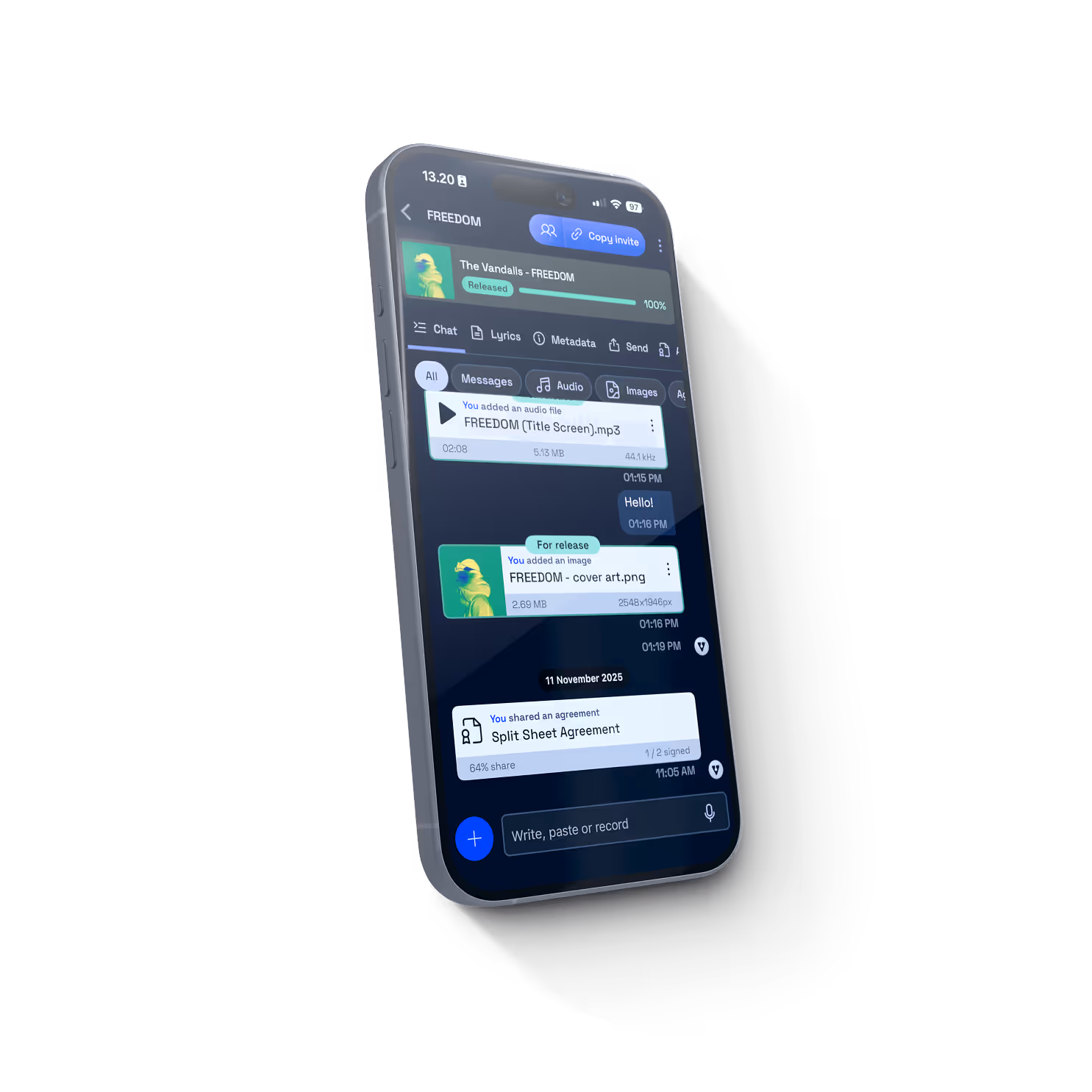 Smartphone displaying a chat interface for 'The Vandalls - FREEDOM' project with audio file, cover art image, and split sheet agreement messages.