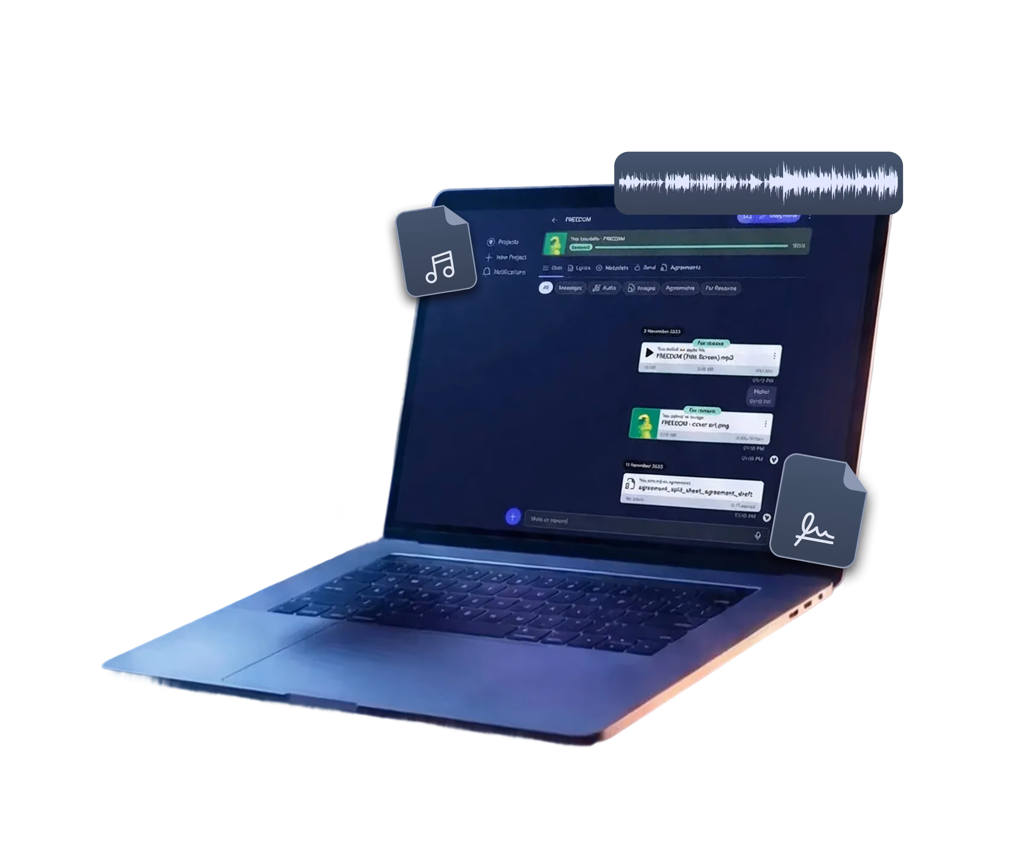 Open laptop displaying a messaging app with audio file and document icons floating around the screen.
