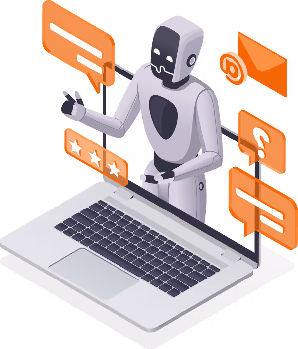 3D robot emerging from laptop screen surrounded by chat, email, question, and star rating icons.