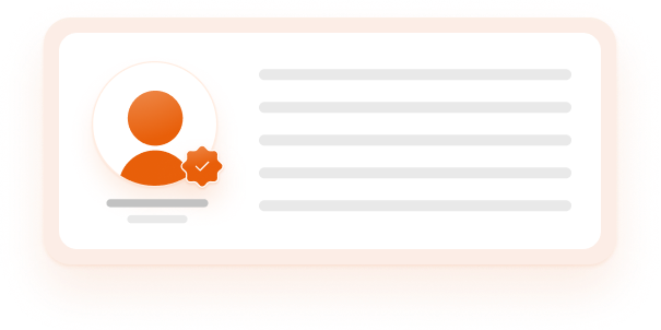 User profile card with a circular avatar icon and a badge featuring a checkmark, accompanied by placeholder lines representing text.
