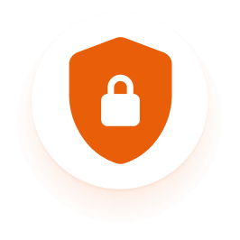 Orange shield icon with a white padlock symbol in the center representing security or protection.
