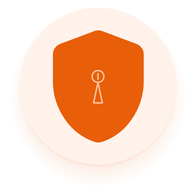 Orange shield icon with a keyhole in the center on a light circular background.