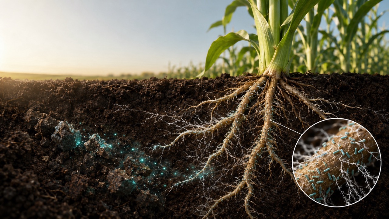 Phosphate-solubilizing bacteria and fungal hyphae colonizing crop roots and releasing bound soil phosphorus into plant-available phosphate.
