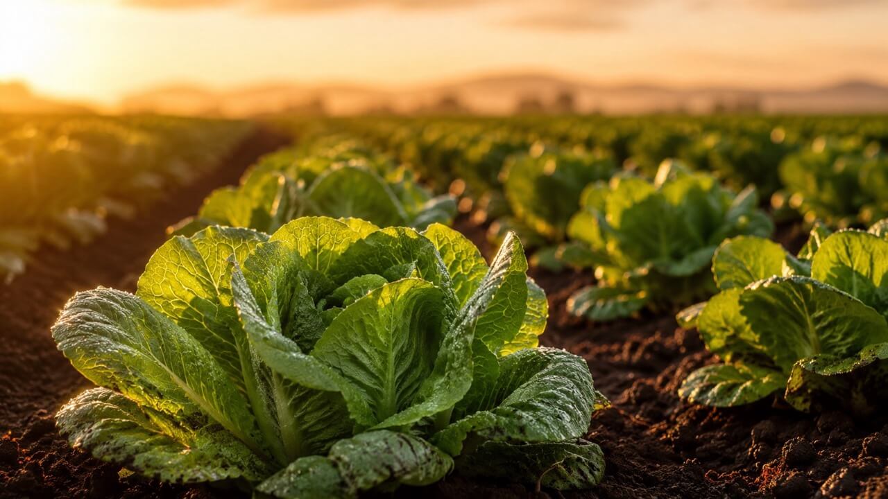 Campo de lechuga romana de un verde intenso y saludable al atardecer, un cultivo bien nutrido que refleja una buena eficiencia en el uso del nitrógeno.