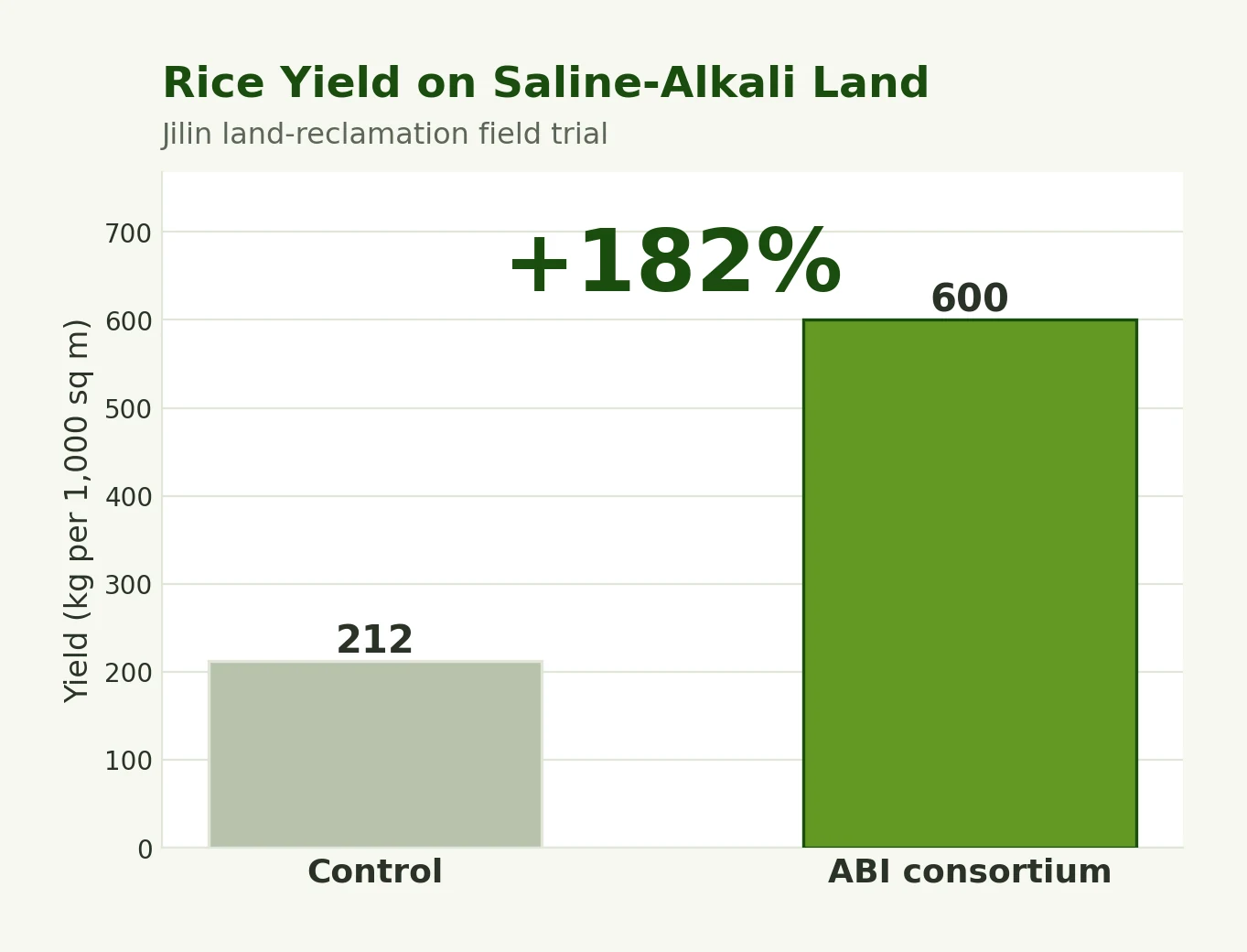 Yield on saline-alkali land, a 182 percent increase