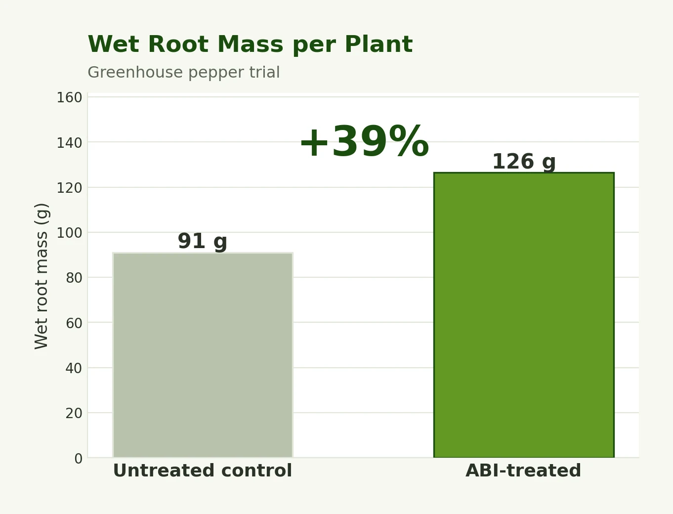 Wet root mass per plant, a 39% increase