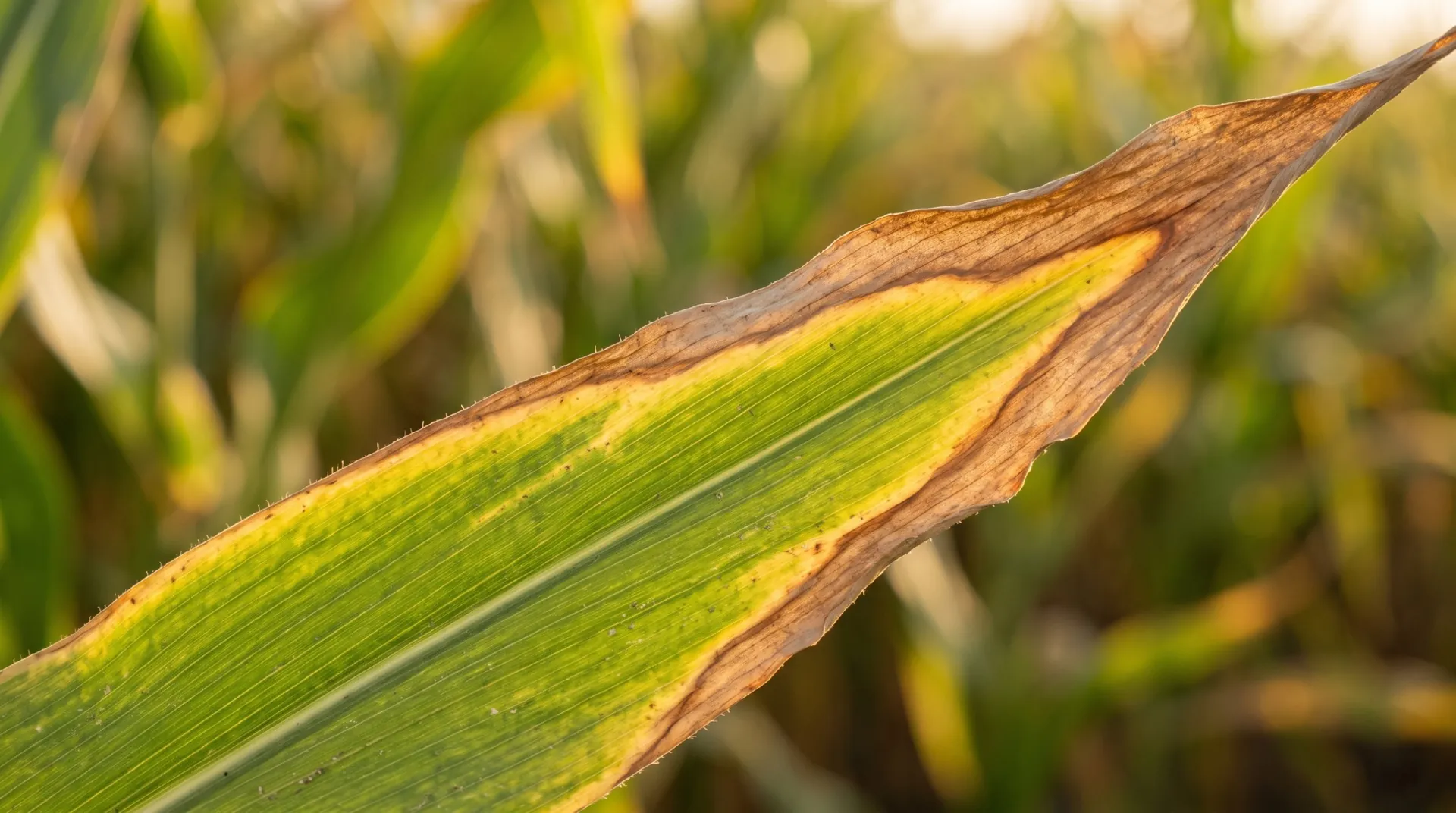 Corn leaf showing potassium deficiency: yellowing along the leaf edge that turns into a brown, scorched margin while the midrib stays green.